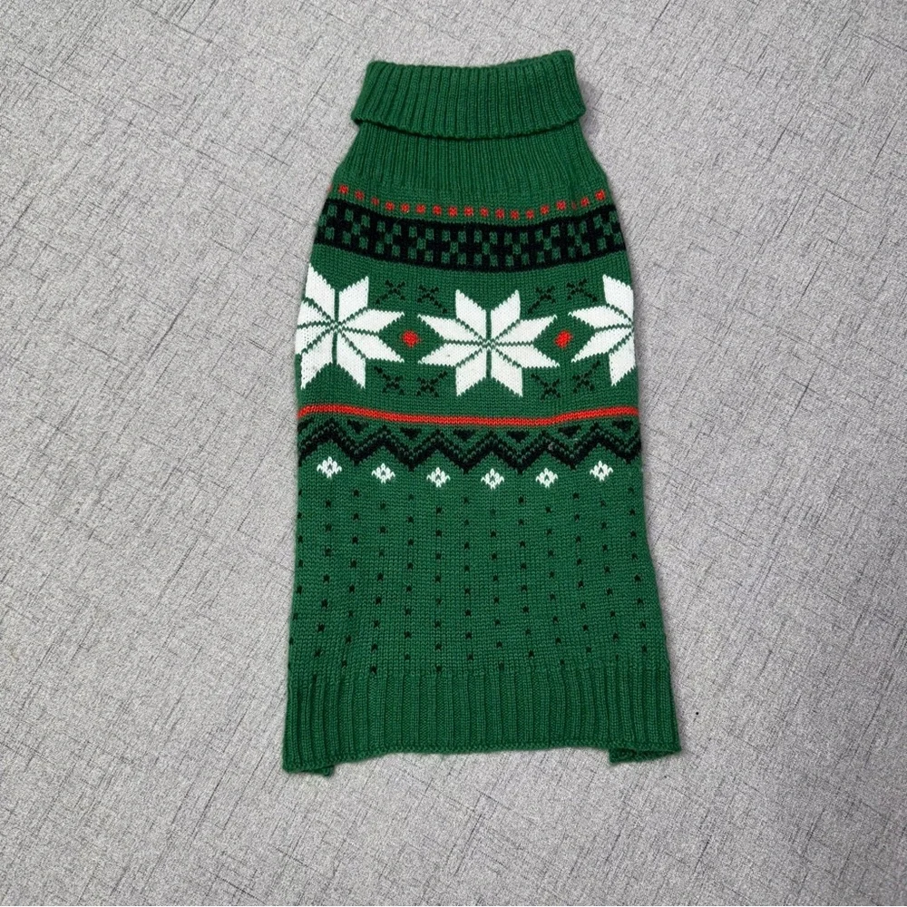 Dog Sweater Fair Isle Winter Turtleneck Knit Sweater Green White Medium
